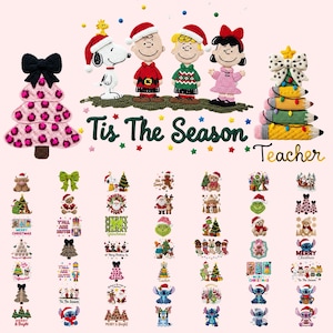 May include: A collection of Christmas-themed crochet designs. The image features a pink Christmas tree, Snoopy, and Peanuts characters wearing Santa hats. Text reads "Tis The Season Teacher" and includes various holiday-themed appliques.
