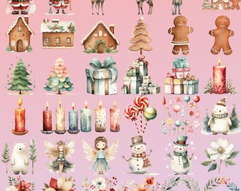 Pastel Christmas Clipart PNG Bundle, Kawaii Holiday Graphics (Digital Download)