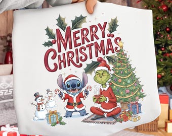 PNG retro de Stitch navideño, Grinch, elfos, imágenes prediseñadas navideñas (descarga digital)
