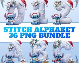 Lilo Stitch Weihnachtsalphabet PNG, Winter Buchstaben Bundle PNG, Süße Stiche A-Z & 0-9 PNG, Snowy Santa Hat Schriftart, Feiertags Sublimations Clipart