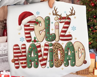 Feliz Navidad Knüpfhaken PNG, spanisches Weihnachtssublimationsdesign, Knüpfhaken Garntextur, Preppy Xmas Shirt PNG, Urlaub Digital Download