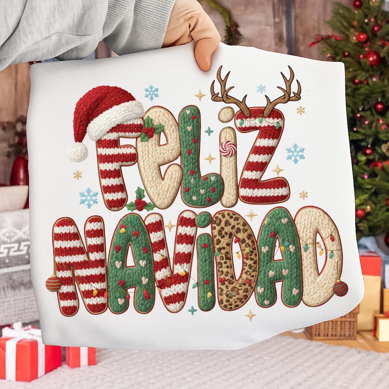 Latch hook yarn style Feliz Navidad text with Christmas elements, perfect for Spanish holiday sublimation projects