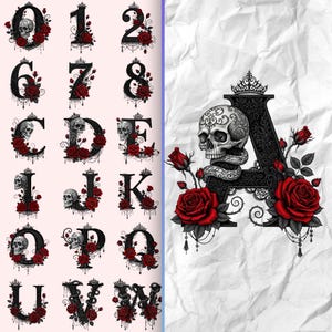 May include: Black and red gothic-style alphabet and numbers. Each letter and number is decorated with a skull, roses, and ornate details. The letter "A" is featured prominently on a textured white background.
