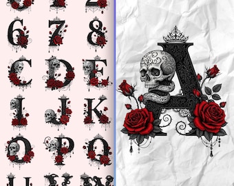 Gothic Schädel Alphabet PNG Bundle, dunkle Blumenschrift (Digitaler Download)