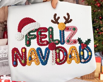 Feliz Navidad Knüpfhaken PNG, spanisches Weihnachtssublimationsdesign, Knüpfhaken Garntextur, Preppy Xmas Shirt PNG, Frohe Weihnachten Png