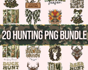 May include: A collection of 20 hunting-themed PNG graphics. Designs include deer, ducks, bows, and text such as "Hunting Season" and "Duck Hunt." The color palette features camouflage, brown, green, and orange hues, suitable for outdoor-themed projects.