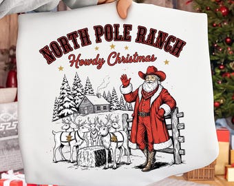 Retro Cowboy Santa PNG, Western Christmas Graphic (Digital Download)