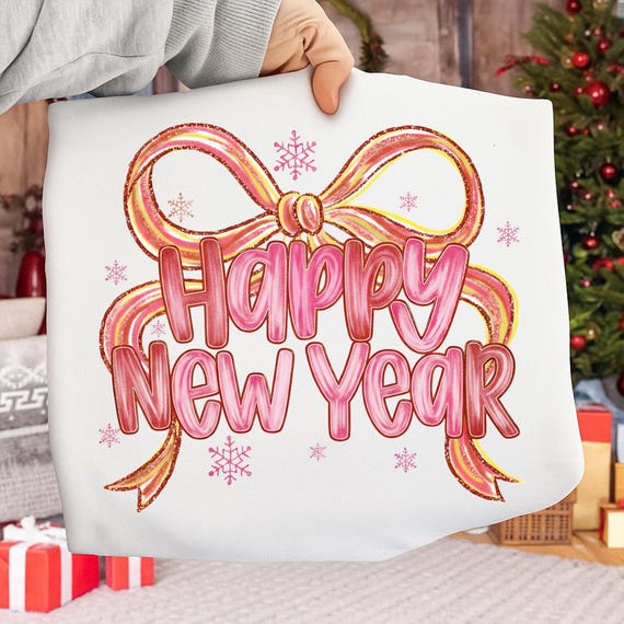 Happy New Year PNG, Pink Coquette Bow Sublimation, Trendy Girly New Year Design, Glitter Ribbon Clipart, Retro NYE 2026 PNG