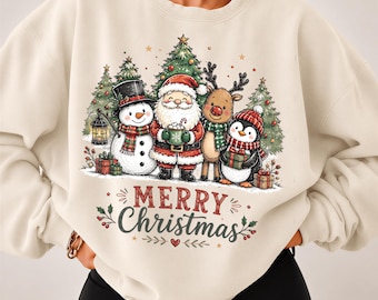 Christmas PNG, Cute Vintage Santa Snowman Reindeer Penguin Sublimation, Holiday Tree Clipart, Shirt Tumbler Design