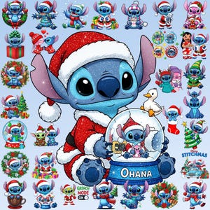 May include: A collection of Christmas-themed Stitch character designs. The central image features a large Stitch in a Santa suit holding a snow globe with the word "Ohana." Surrounding images show Stitch in various festive outfits and settings, including Christmas trees and wreaths.
