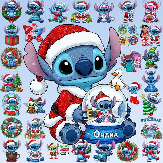 Stitch Christmas PNG Bundle, Cute Stitch in Santa Hat PNG, Holiday Stitch Clipart, Xmas Stitch PNG, Winter Cartoon Sublimation png pack