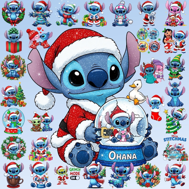 Puede incluir: Una colecci&oacute;n de dise&ntilde;os navide&ntilde;os del personaje Stitch. La imagen central presenta a un Stitch grande con un traje de Pap&aacute; Noel sosteniendo un globo de nieve con la palabra "Ohana". Las im&aacute;genes circundantes muestran a Stitch con varios atuendos y escenarios festivos, incluyendo &aacute;rboles de Navidad y coronas.