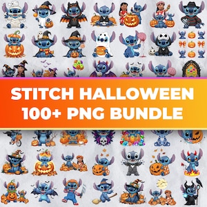 May include: A collection of Stitch-themed Halloween PNG images. The images feature Stitch in various costumes, including a mummy, vampire, and witch, with pumpkins and other Halloween elements. The text "STITCH HALLOWEEN 100+ PNG BUNDLE" is displayed.