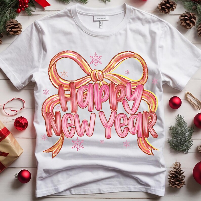 May include: White t-shirt with a festive design. The graphic features the text "Happy New Year" in pink, accented by a pink and gold ribbon and snowflakes. Perfect for holiday celebrations.