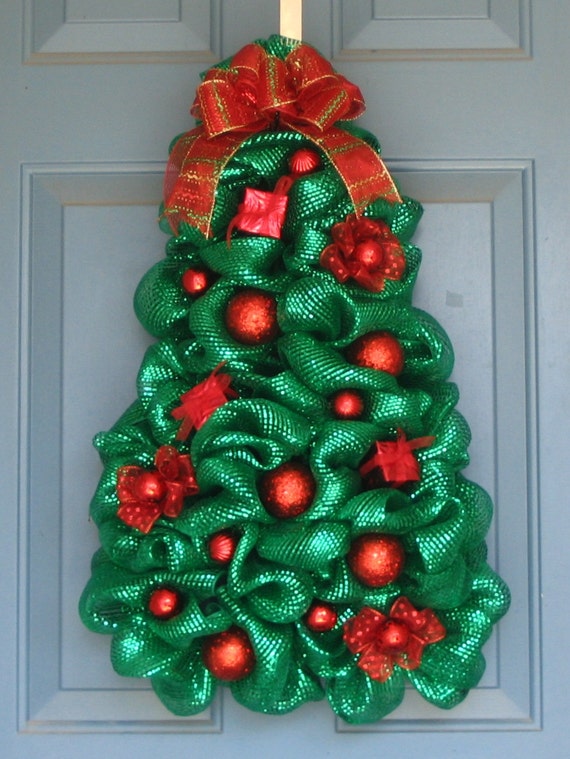 Metallic Green Deco Mesh Christmas Tree Wreath All Red Metallic Green Deco Mesh Christmas Tree Wreath All Red