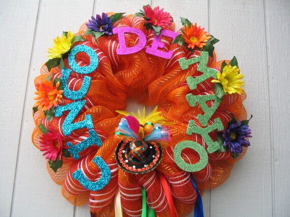 Colorful Festive Cinco De Mayo 24 Inch Wreath Wall Door Decor Deco Mesh Wood Glittered Letters Flowers Sombrero Ribbon