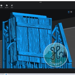 May include: A blue wooden gate with visible wood grain and metal hinges. The gate is part of a diorama, with supporting structures and a logo that reads "DIORAMA". The design suggests a rustic or fantasy theme.