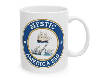 Mystic America 250 Coffee Mug | Bascule Bridge & Tall Ship Heritage Mug | Mystic Aquarium Beluga Whale Gift | Connecticut Shoreline History