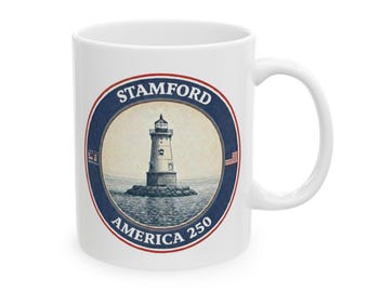 Stamford America 250 Coffee Mug | Historic Harbor Ledge Lighthouse Heritage Mug | Fairfield County 250th Anniversary Gift, Stamford History