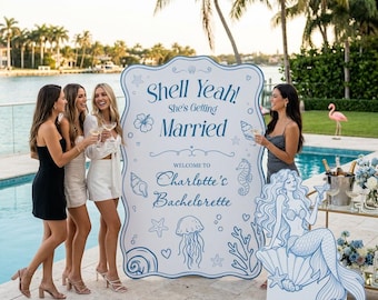 Bachelorette Party Backdrop Set of 2,Shell Yeah She's Getting Married, Mermaid Bridal Shower Decor, Custom Backdrop, Personalized Sign