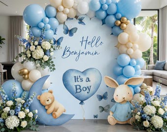 Set de 3 recortes para baby shower de niño: oso, conejito, centro de mesa y decoración azul para fiesta de primer cumpleaños