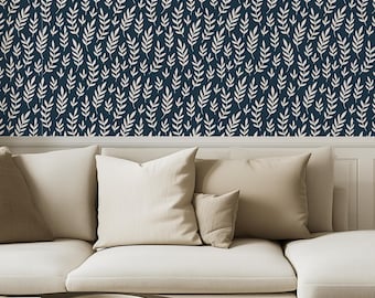 Blue Botanical Leaf Wallpaper: Scandinavian Peel and Stick, Removable Wall Decor
