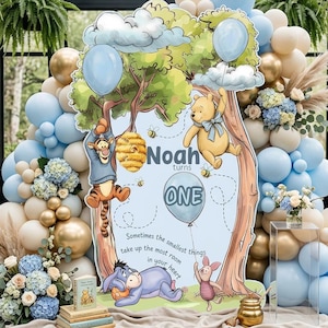 Blue Winnie the Pooh 1st Birthday Backdrop, Baby Shower, Large Tree Cutout, Pooh and Friends Cutouts