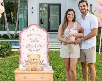 Teddy Bear Welcome Home Baby Sign, Personalized Newborn Yard Sign, Baby Announcement, New Baby Gift