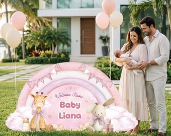 Giraffe and Bunny Welcome Home Baby Sign, Personalized Newborn Yard Sign, Baby Announcement, Baby Shower Gift