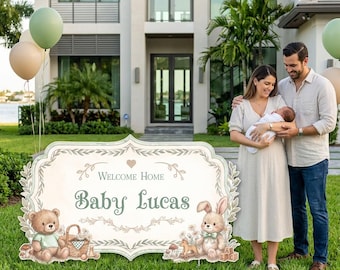 Teddy Bear an Bunny Welcome Home Baby Sign, Personalized Newborn Yard Sign, Baby Announcement, Baby Shower Gift