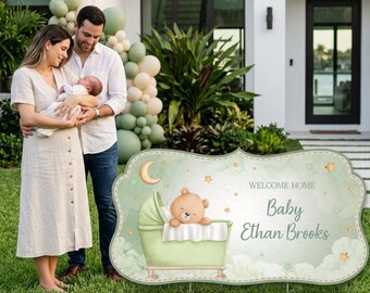 Teddy Bear Welcome Home Baby Sign, Personalized Newborn Yard Sign, Baby Announcement, Baby Shower Gift