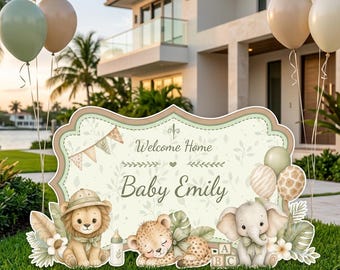 Safari Animals Welcome Home Baby Sign, Personalized Newborn Yard Sign, Baby Announcement, Baby Shower Gift