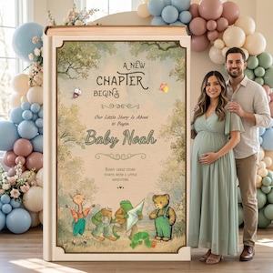 May include: A large rectangular sign designed like an open book cover featuring the text A NEW CHAPTER BEGINS, Our Little Story Is About to Begin, Baby Noah, and EVERY GREAT STORY STARTS WITH A LITTLE ADVENTURE, with illustrations of storybook animals.