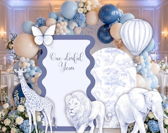 Blue Safari Cutouts, Blue Toile Baby Shower Party Decor, Personalized Safari Backdrop, Wild One Birthday, 1st Birthday, Party Props