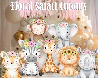 May include: Watercolor illustration of six adorable safari animals: a tiger, zebra, giraffe, lion, rhino, elephant, and monkey. Each animal wears a floral crown. The text "Floral Safari Cutouts" is at the top.