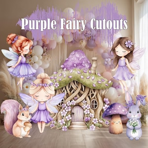 Peut inclure: Illustration avec le texte "Purple Fairy Cutouts". L'image présente une maison de fées, des fées, un écureuil, un champignon et un lapin. La palette de couleurs comprend des nuances de violet, de rose et de marron, créant un thème fantastique.