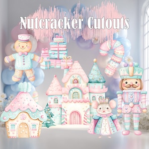 Może przedstawiać: Akwarelowe ilustracje Nutcracker Cutouts w pastelowych kolorach. Obraz przedstawia piernikowego ludzika, zamek, laskę cukrową, mysz, żołnierza dziadka do orzechów i pudełka z prezentami. Tekst "Nutcracker Cutouts" znajduje się na górze.