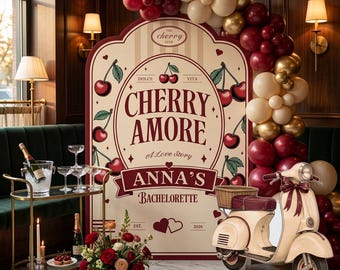 Cherry Amore Bachelorette Party Backdrop Set of 2, Italian Theme Bridal Shower Decor, Custom Backdrop, Personalized Sign, Dolce Vita