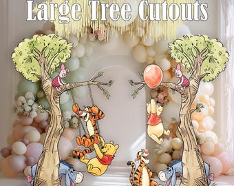 May include: Large tree cutouts featuring Winnie the Pooh characters. The cutouts include Pooh, Tigger, Piglet, and Eeyore, with a balloon and swing set. The text "Large Tree Cutouts" is at the top. The background has balloons and flowers.