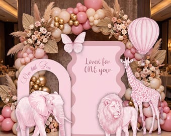 Pink Safari Cutouts, Toile Baby Shower Party Decor, Personalized Safari Backdrop, Wild One Birthday, 1st Birthday, Party Props