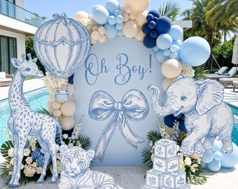 Oh Boy Blue Toile Cutouts, Blue Baby Shower Party Decor, Personalized Safari Backdrop, Wild One Birthday, 1st Birthday, Party Props