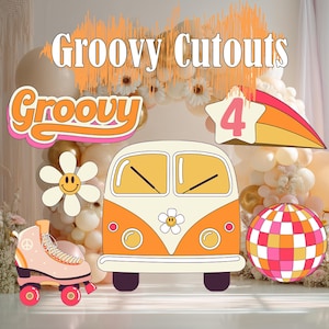May include: A collection of retro-themed cutouts with the text "Groovy Cutouts" and "Groovy". Includes a flower, a roller skate, a bus, a disco ball, and a star with the number 4. The color palette features orange, pink, yellow, and white.