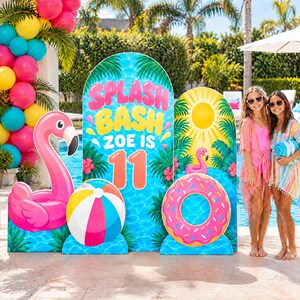 Pool Party Backdrop Set, Splash Bash Arch Sign, Flamingo Float Cutout, Beach Ball and Donut Ring Props, Summer Birthday Decor, Personalized
