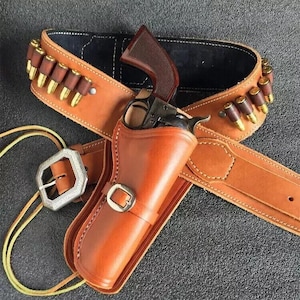 Vintage-Gürtelholster im Western-Cowboy-Stil mit Munitionsschlaufen aus Leder für Kaliber .22, .357, .38, .44 und .45