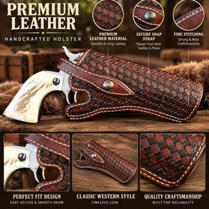 Op de afbeelding: Een bruin lederen holster met een mandvlechtpatroon, witte stiksels en een metalen drukknoopsluiting. Het holster bevat een revolver met een lichtgekleurde greep. Tekst bevat PREMIUM LEATHER, HANDCRAFTED HOLSTER, SECURE SNAP STRAP en FINE STITCHING.