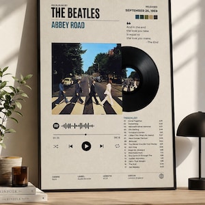 May include: A framed poster featuring The Beatles Abbey Road album artwork, including the iconic crosswalk image, a black vinyl record graphic, a tracklist, release date of September 26, 1969, and a Spotify-style playback bar on a cream background.