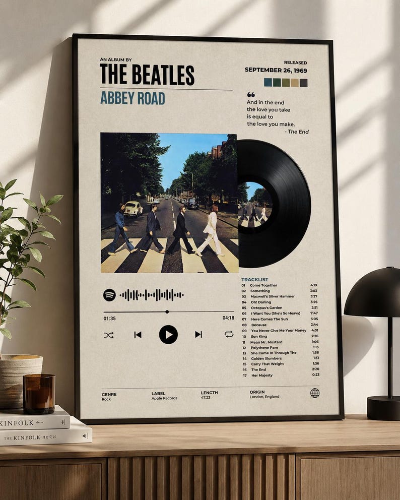 May include: A framed poster featuring The Beatles Abbey Road album artwork, including the iconic crosswalk image, a black vinyl record graphic, a tracklist, release date of September 26, 1969, and a Spotify-style playback bar on a cream background.