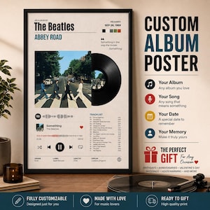 Op de afbeelding: Een rechthoekige poster met het artwork van het Beatles-album Abbey Road, een zwarte vinylplaat, een tracklist en een muziekspeler-interface. Het ontwerp bevat de tekst An Album By The Beatles, Abbey Road en Something.