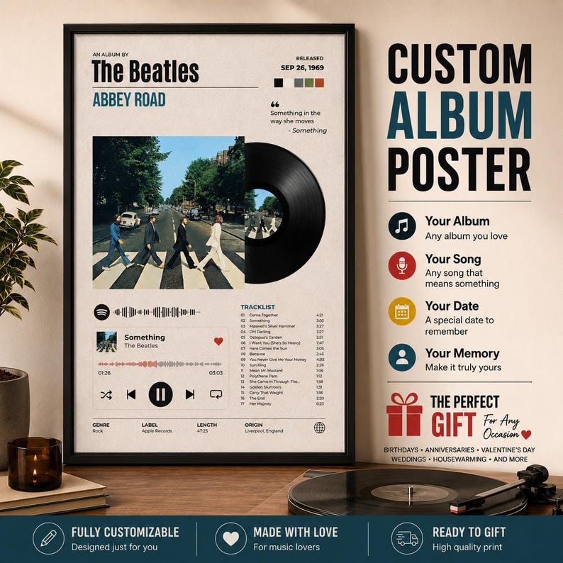 May include: A rectangular poster featuring The Beatles Abbey Road album artwork, a black vinyl record graphic, a tracklist, and a music player interface. The design includes the text An Album By The Beatles, Abbey Road, and Something.