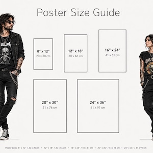 May include: A poster size guide featuring text and five rectangular outlines with dimensions in inches and centimeters. The guide displays sizes 8x12, 12x18, 16x24, 20x30, and 24x36 inches, alongside visual height references of 6 feet and 5 feet.